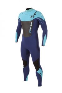 Professional product photography shot showing a Typhoon wetsuit on a white background. The wetsuit is mostly dark blue with aqua features and trimmings. Shot by professional northeast product photographer Cal Carey.