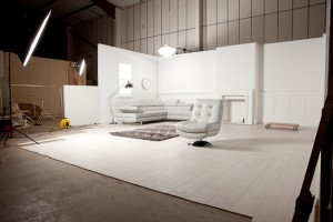 Behind the scenes shot of the photography set with the subjects (furniture) on.