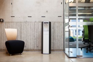 Professional product photography shot showing an Ebac water cooler inside a building, showing an example of how they fit into the workplace etc. Shot by professional northeast product photographer Cal Carey.