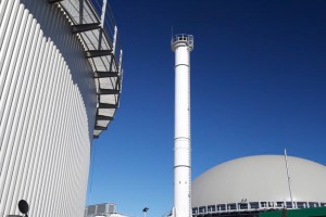 Professional industrial shot of a tower at a anaerobic digestion waste to energy site. Shot by professional northeast industrial photographer Cal Carey.