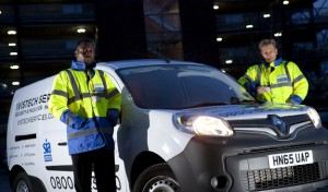 Professional commercial shot showing two Vistech security guards in high-visabilty coats standing at each side of the company van looking to camera. Shot by professional northeast commercial photographer Cal Carey.