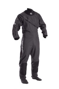 Professional product photography shot of the Ezeedon mens grey black drysuit on a white background. Shot by professional northeast product photographer Cal Carey.