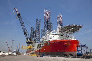 Professional commercial photography shot showing the ship Pacific Orca on teesport that will be using the new pile restraint arms. Shot by professional northeast commercial photographer Cal Carey.