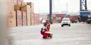 Behind the scenes image from an industrial transport shoot at Teesport taking photographs of the new PD Ports lorries.