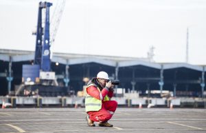 Behind the scenes image from an industrial transport shoot at Teesport taking photographs of the new PD Ports lorries.