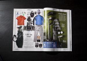Overhead shot of a double page spread of Forever Sports Magazine featuring editorial photography from Cal Carey Photographer.