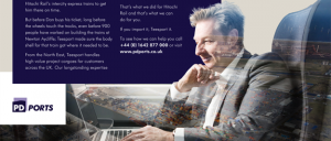 This is a professional advertising photo of Dan, the photo shows him on a train working in his laptop. The "From Japan to Dan" slogan is to show that trains from Japan come through Teesport. Shot by professional northeast commercial photographer Cal Carey.