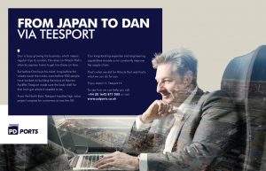This is a professional advertising photo of Dan, the photo shows him on a train working in his laptop. The "From Japan to Dan" slogan is to show that trains from Japan come through Teesport. Shot by professional northeast commercial photographer Cal Carey.