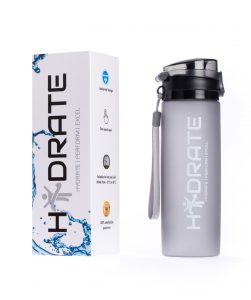 A photograph of a Hydrate reuseable water bottle and the product box it comes in on a white background.